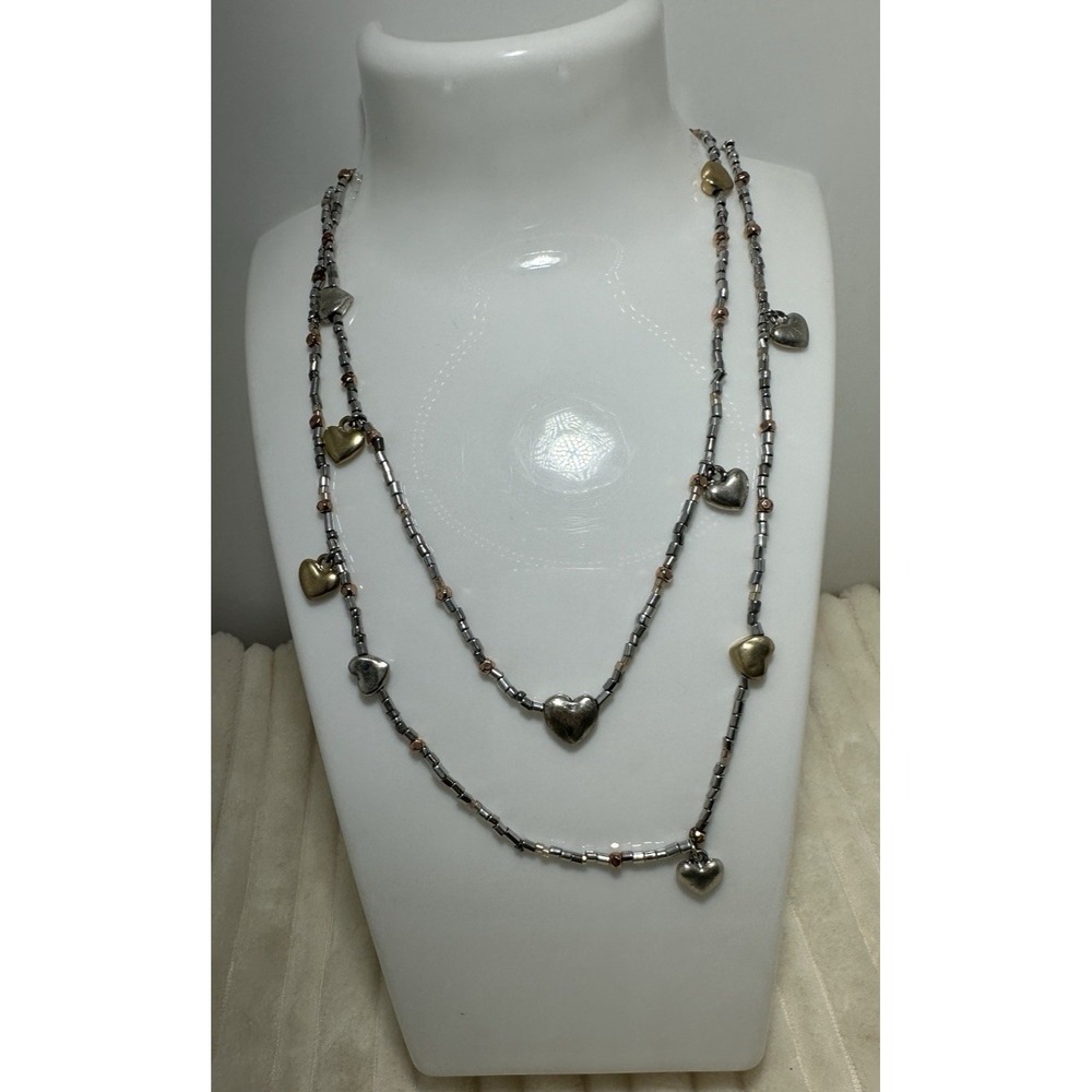 Long Puffy Heart Gold, Silver, Copper Accented Necklace 34" Vintage Style